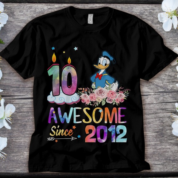 Disney Donald Duck Awesome Since 2012 10th Birthday 10 Years Old Unisex T-shirt - Picture 1 of 2